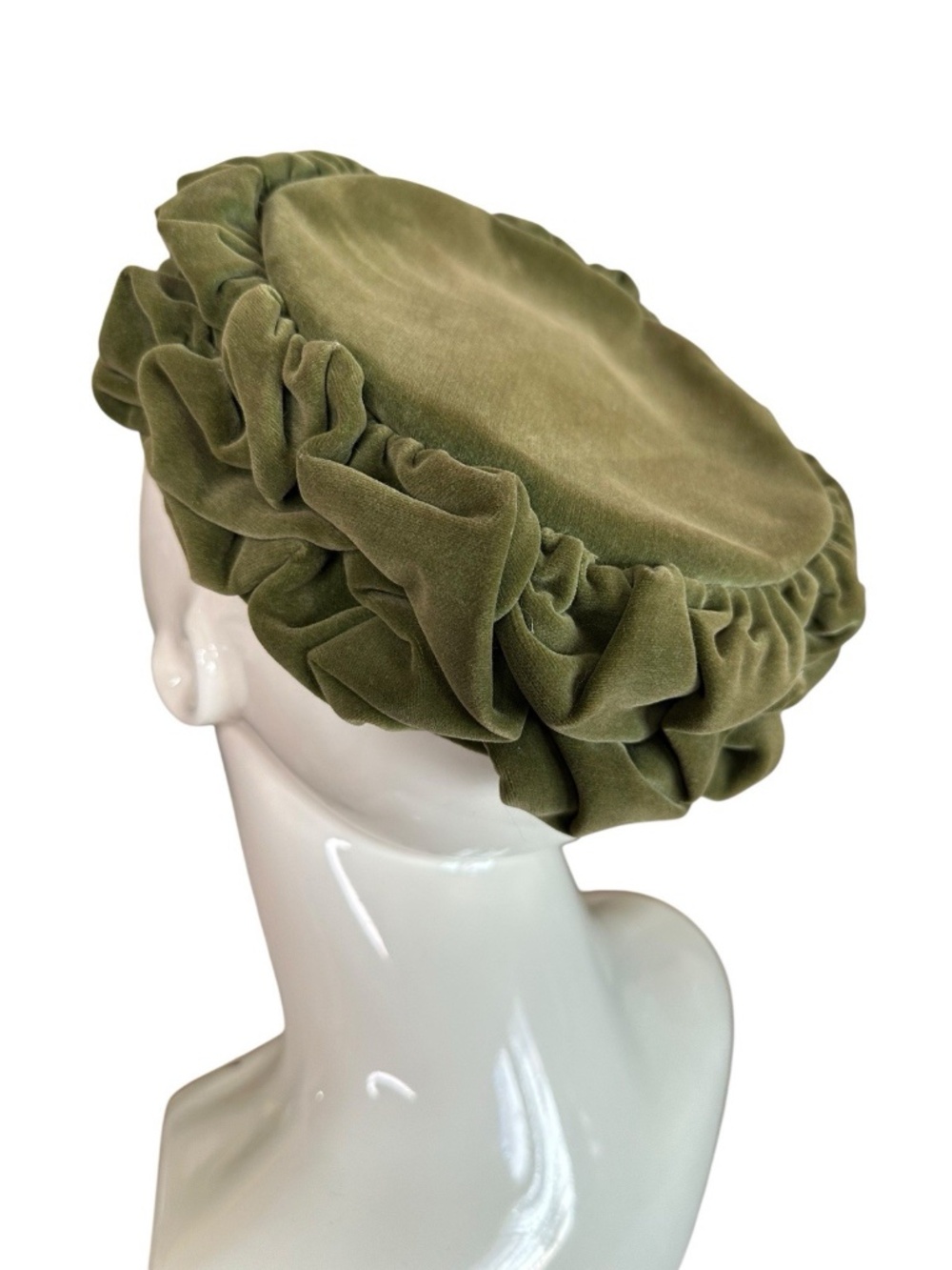Vintage Jacobson's Olive Green Velvet Ruffled Cloche/Pillbox Hat